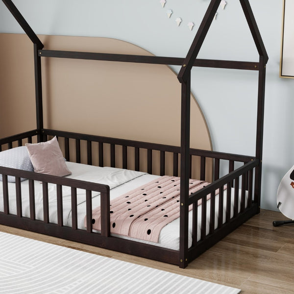 English Elm Twin Pine Wood House Bed Floor Frame with Guardrails for Kids Cottage Style Room Espresso W504P460856