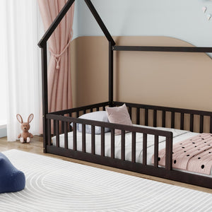 English Elm Twin Pine Wood House Bed Floor Frame with Guardrails for Kids Cottage Style Room Espresso W504P460856