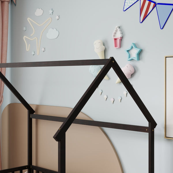 English Elm Twin Pine Wood House Bed Floor Frame with Guardrails for Kids Cottage Style Room Espresso W504P460856