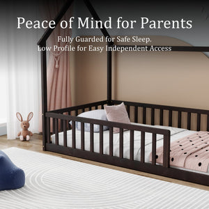 English Elm Twin Pine Wood House Bed Floor Frame with Guardrails for Kids Cottage Style Room Espresso W504P460856