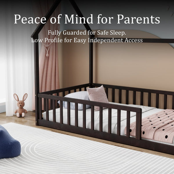 English Elm Twin Pine Wood House Bed Floor Frame with Guardrails for Kids Cottage Style Room Espresso W504P460856