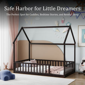 English Elm Twin Pine Wood House Bed Floor Frame with Guardrails for Kids Cottage Style Room Espresso W504P460856