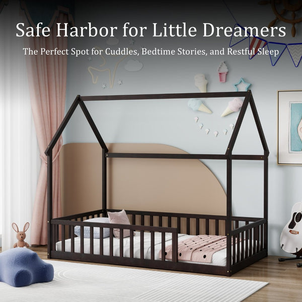English Elm Twin Pine Wood House Bed Floor Frame with Guardrails for Kids Cottage Style Room Espresso W504P460856