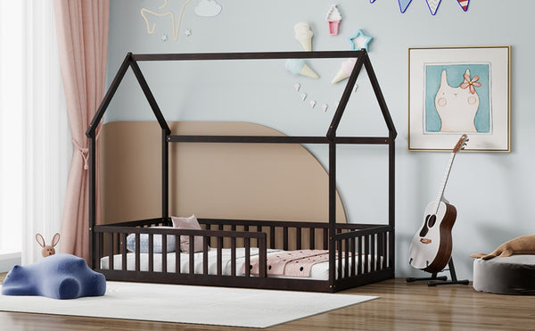 English Elm Twin Pine Wood House Bed Floor Frame with Guardrails for Kids Cottage Style Room Espresso W504P460856