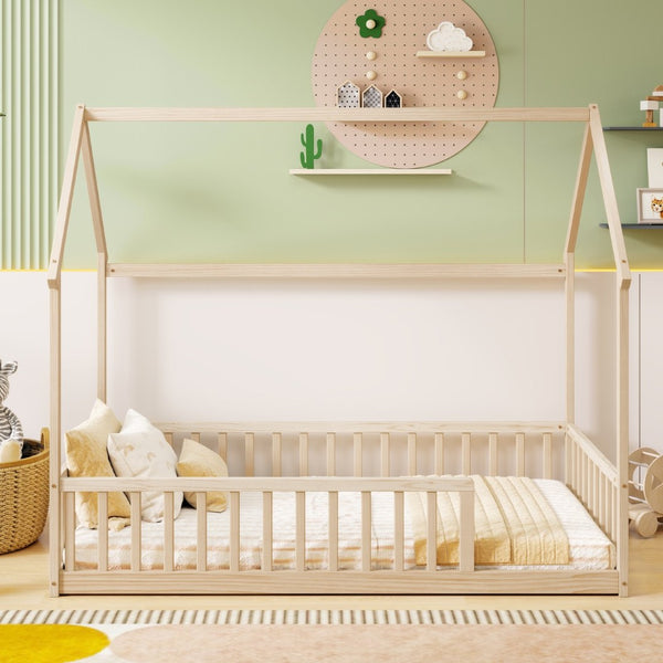 English Elm Twin Pine Wood House Bed Floor Frame with Guardrails for Kids Cottage Style Room Natural W504P460857