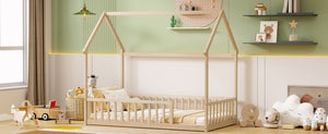 English Elm Twin Pine Wood House Bed Floor Frame with Guardrails for Kids Cottage Style Room Natural W504P460857