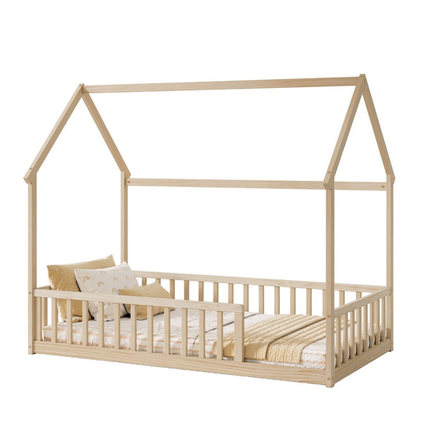 English Elm Twin Pine Wood House Bed Floor Frame with Guardrails for Kids Cottage Style Room Natural W504P460857