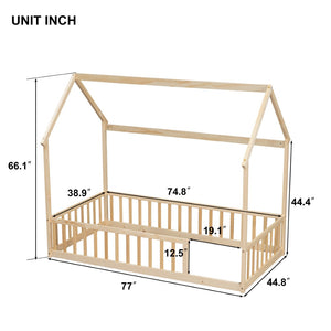 English Elm Twin Pine Wood House Bed Floor Frame with Guardrails for Kids Cottage Style Room Natural W504P460857