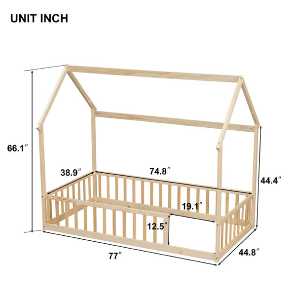 English Elm Twin Pine Wood House Bed Floor Frame with Guardrails for Kids Cottage Style Room Natural W504P460857