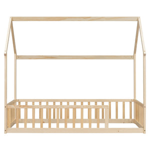 English Elm Twin Pine Wood House Bed Floor Frame with Guardrails for Kids Cottage Style Room Natural W504P460857