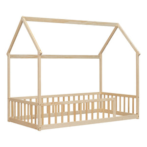 English Elm Twin Pine Wood House Bed Floor Frame with Guardrails for Kids Cottage Style Room Natural W504P460857