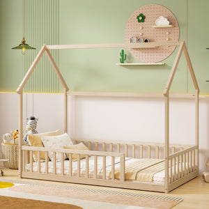 English Elm Twin Pine Wood House Bed Floor Frame with Guardrails for Kids Cottage Style Room Natural W504P460857