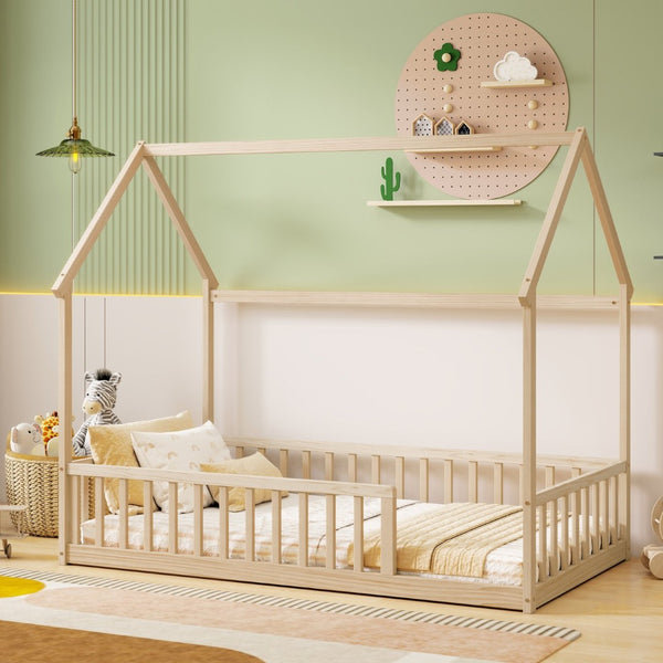 English Elm Twin Pine Wood House Bed Floor Frame with Guardrails for Kids Cottage Style Room Natural W504P460857