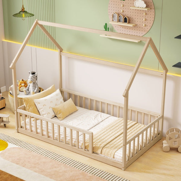 English Elm Twin Pine Wood House Bed Floor Frame with Guardrails for Kids Cottage Style Room Natural W504P460857