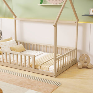 English Elm Twin Pine Wood House Bed Floor Frame with Guardrails for Kids Cottage Style Room Natural W504P460857