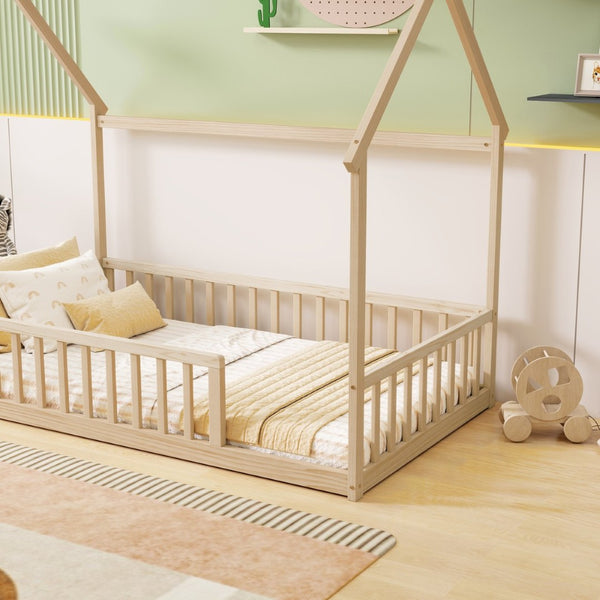 English Elm Twin Pine Wood House Bed Floor Frame with Guardrails for Kids Cottage Style Room Natural W504P460857