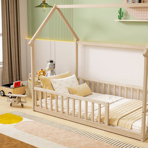 English Elm Twin Pine Wood House Bed Floor Frame with Guardrails for Kids Cottage Style Room Natural W504P460857