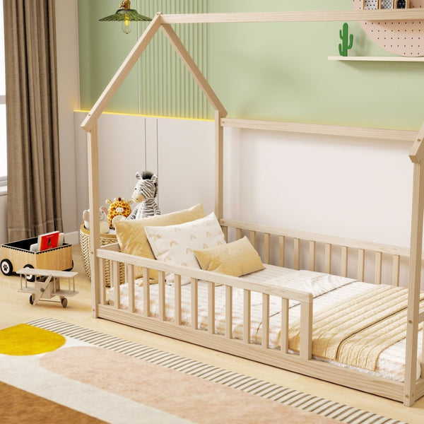English Elm Twin Pine Wood House Bed Floor Frame with Guardrails for Kids Cottage Style Room Natural W504P460857