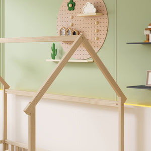 English Elm Twin Pine Wood House Bed Floor Frame with Guardrails for Kids Cottage Style Room Natural W504P460857