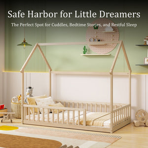 English Elm Twin Pine Wood House Bed Floor Frame with Guardrails for Kids Cottage Style Room Natural W504P460857