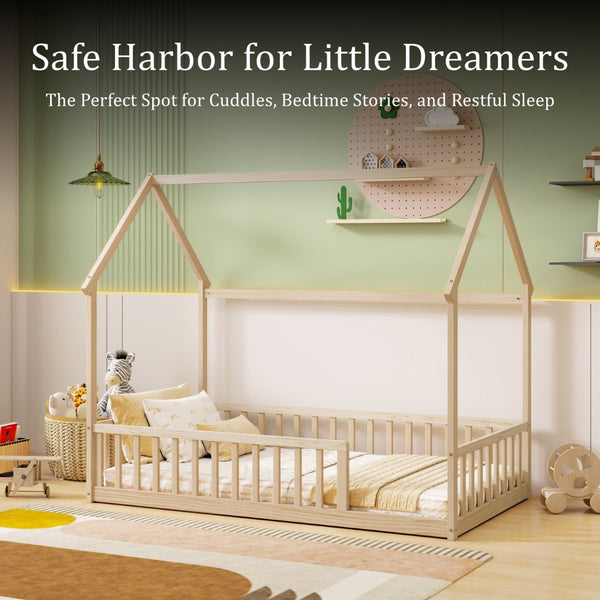 English Elm Twin Pine Wood House Bed Floor Frame with Guardrails for Kids Cottage Style Room Natural W504P460857