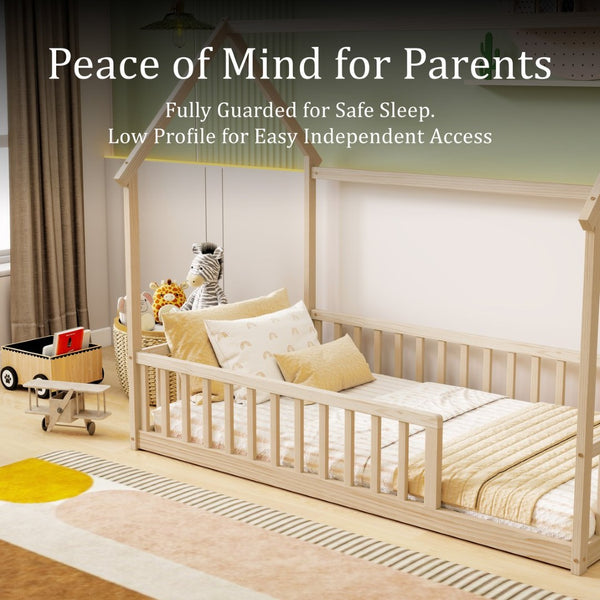 English Elm Twin Pine Wood House Bed Floor Frame with Guardrails for Kids Cottage Style Room Natural W504P460857