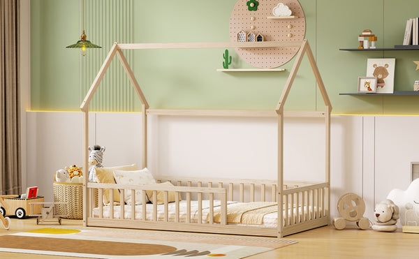 English Elm Twin Pine Wood House Bed Floor Frame with Guardrails for Kids Cottage Style Room Natural W504P460857