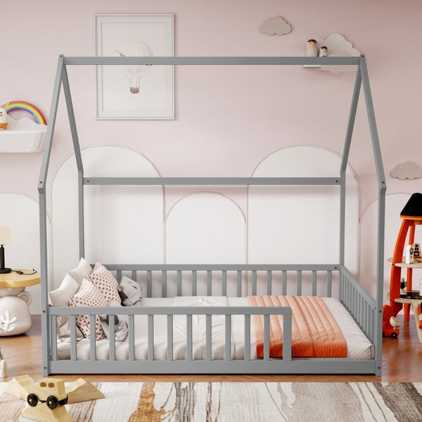 English Elm Full Size Pine Wood House Bed Frame with Roof Design and Safety Rails for Kids Grey W504P460859
