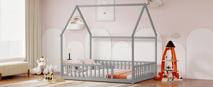 English Elm Full Size Pine Wood House Bed Frame with Roof Design and Safety Rails for Kids Grey W504P460859