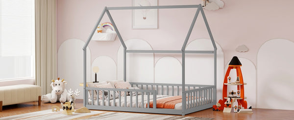 English Elm Full Size Pine Wood House Bed Frame with Roof Design and Safety Rails for Kids Grey W504P460859