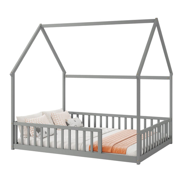 English Elm Full Size Pine Wood House Bed Frame with Roof Design and Safety Rails for Kids Grey W504P460859