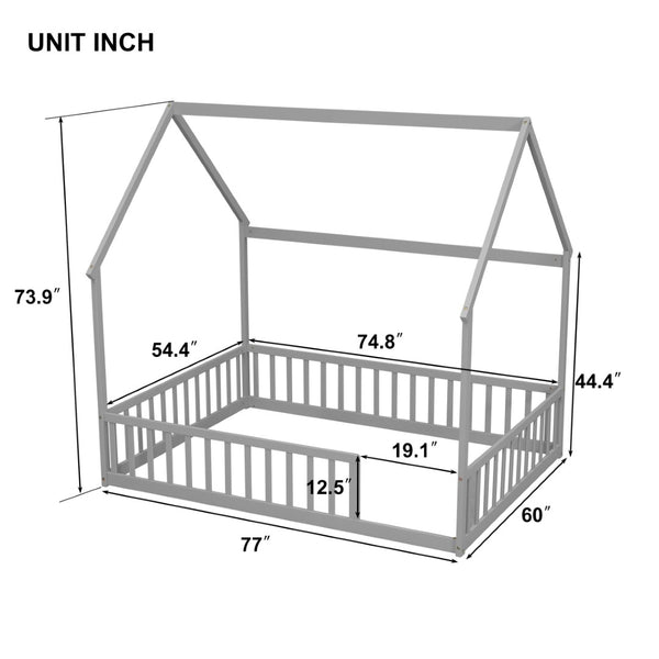 English Elm Full Size Pine Wood House Bed Frame with Roof Design and Safety Rails for Kids Grey W504P460859