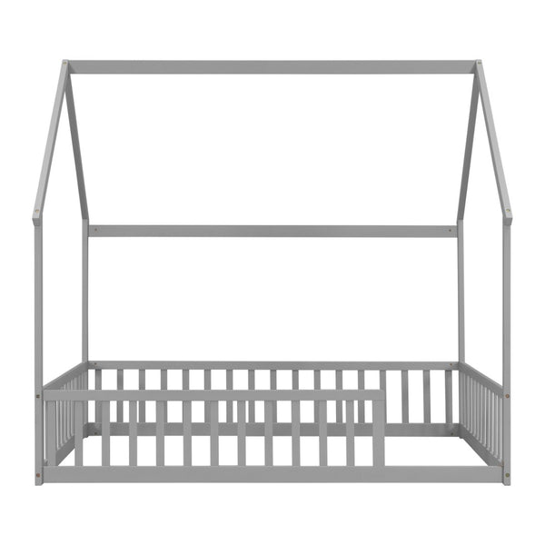 English Elm Full Size Pine Wood House Bed Frame with Roof Design and Safety Rails for Kids Grey W504P460859