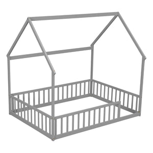 English Elm Full Size Pine Wood House Bed Frame with Roof Design and Safety Rails for Kids Grey W504P460859