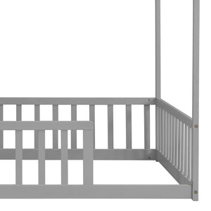 English Elm Full Size Pine Wood House Bed Frame with Roof Design and Safety Rails for Kids Grey W504P460859