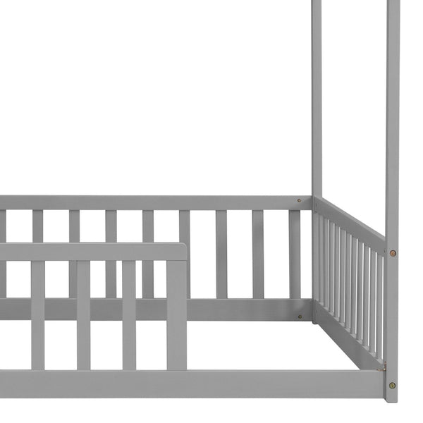 English Elm Full Size Pine Wood House Bed Frame with Roof Design and Safety Rails for Kids Grey W504P460859