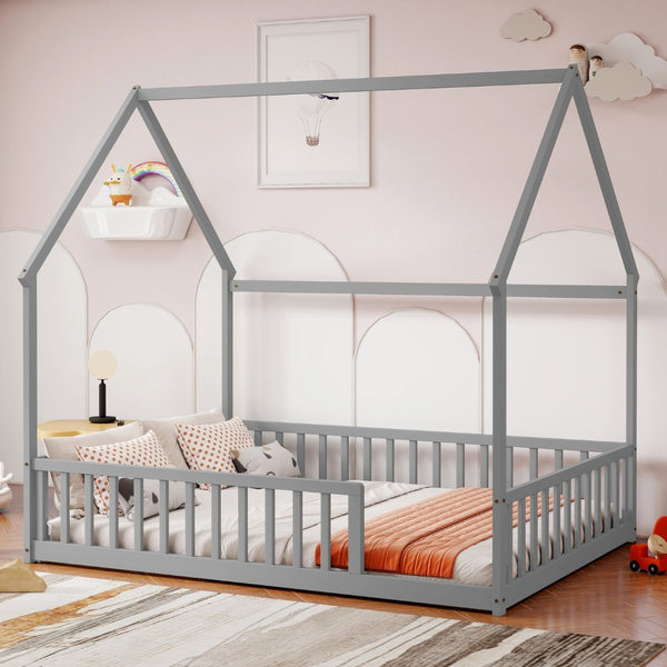English Elm Full Size Pine Wood House Bed Frame with Roof Design and Safety Rails for Kids Grey W504P460859