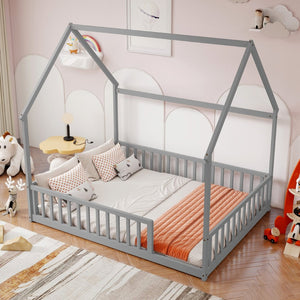 English Elm Full Size Pine Wood House Bed Frame with Roof Design and Safety Rails for Kids Grey W504P460859