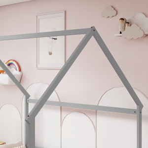 English Elm Full Size Pine Wood House Bed Frame with Roof Design and Safety Rails for Kids Grey W504P460859