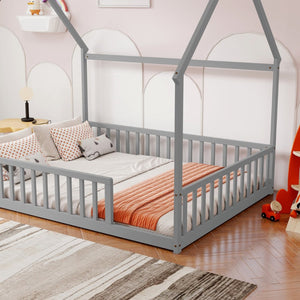 English Elm Full Size Pine Wood House Bed Frame with Roof Design and Safety Rails for Kids Grey W504P460859