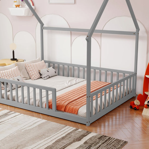 English Elm Full Size Pine Wood House Bed Frame with Roof Design and Safety Rails for Kids Grey W504P460859