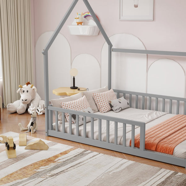 English Elm Full Size Pine Wood House Bed Frame with Roof Design and Safety Rails for Kids Grey W504P460859