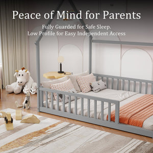 English Elm Full Size Pine Wood House Bed Frame with Roof Design and Safety Rails for Kids Grey W504P460859
