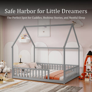 English Elm Full Size Pine Wood House Bed Frame with Roof Design and Safety Rails for Kids Grey W504P460859