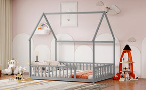 English Elm Full Size Pine Wood House Bed Frame with Roof Design and Safety Rails for Kids Grey W504P460859