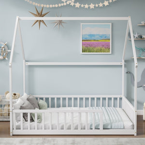 English Elm Full Size Pine Wood House Bed Frame with Roof Design and Safety Rails for Kids White W504P460860