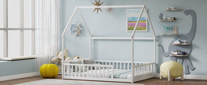 English Elm Full Size Pine Wood House Bed Frame with Roof Design and Safety Rails for Kids White W504P460860