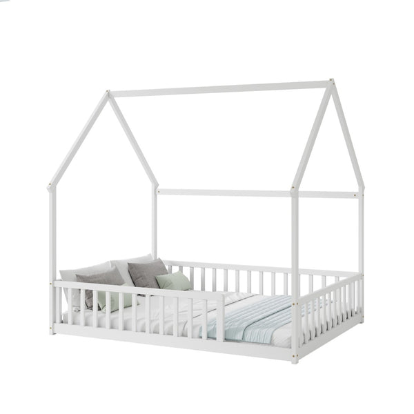 English Elm Full Size Pine Wood House Bed Frame with Roof Design and Safety Rails for Kids White W504P460860