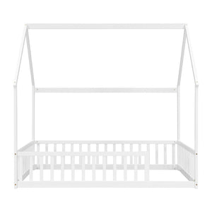 English Elm Full Size Pine Wood House Bed Frame with Roof Design and Safety Rails for Kids White W504P460860