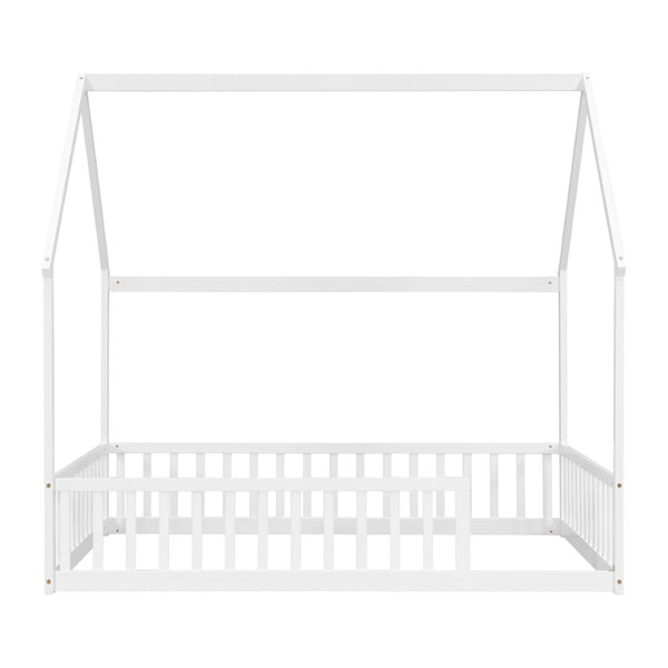 English Elm Full Size Pine Wood House Bed Frame with Roof Design and Safety Rails for Kids White W504P460860